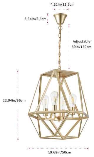 Industrial Painted Gold 4-Light Geometric Metal Frame Pendant Light