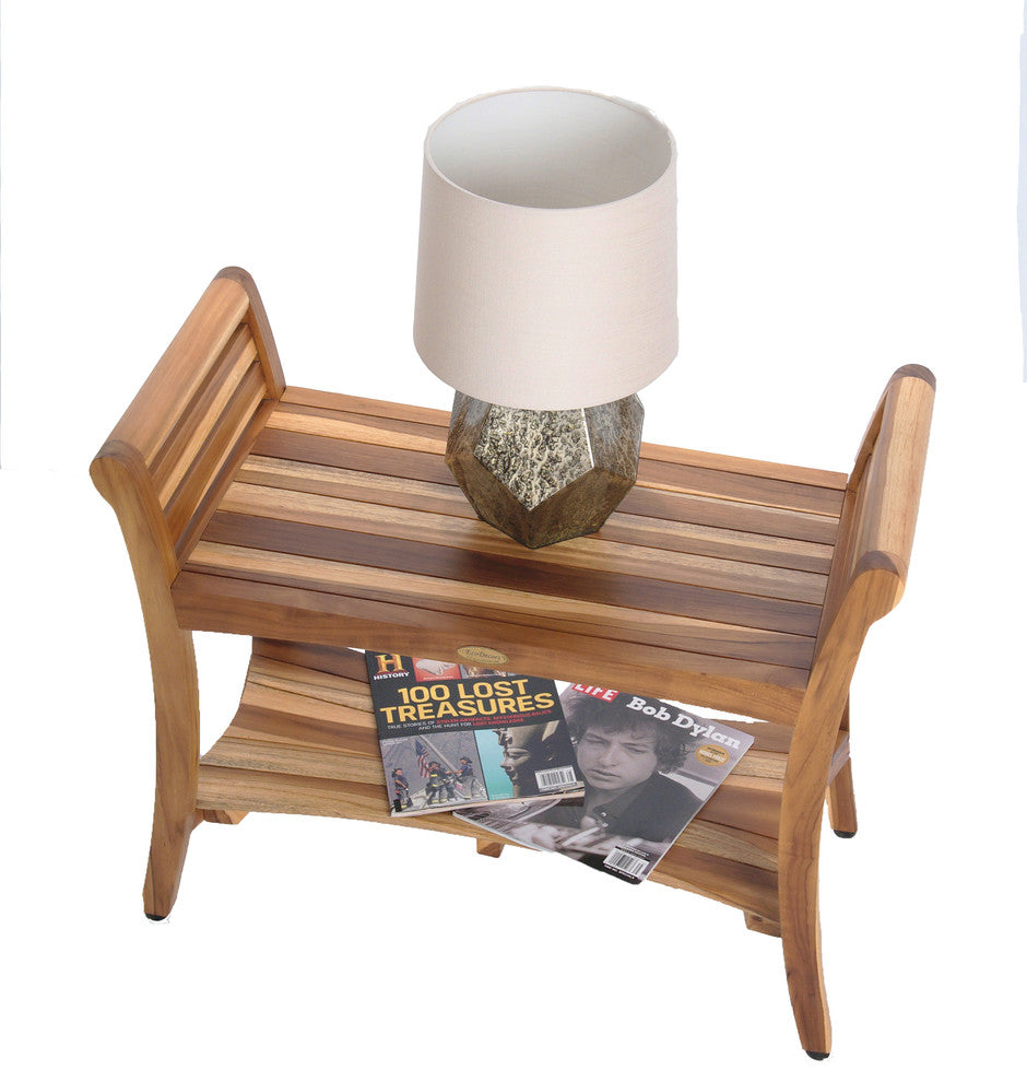 EcoDecors EarthyTeak Symmetry 29" Teak Shower Bench With Shelf And LiftAide Arms