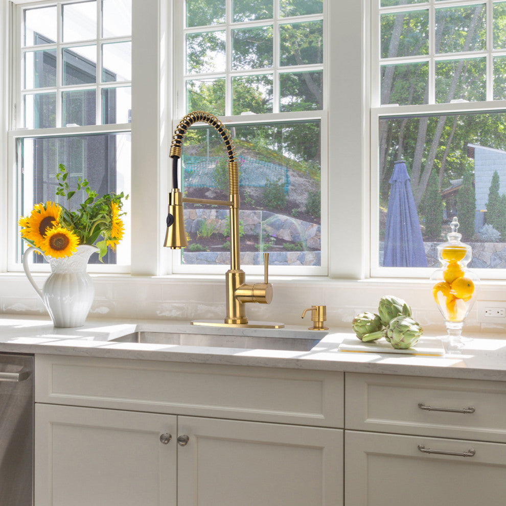 Copper Pre-Rinse Spring Kitchen Faucet with Pull Down Sprayer, Brushed Gold