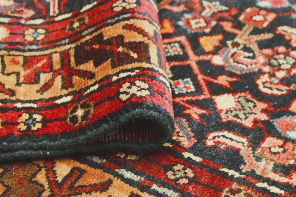Fine Vintage Distressed Majeed Navy/Red Runner, 3'7 x 9'4