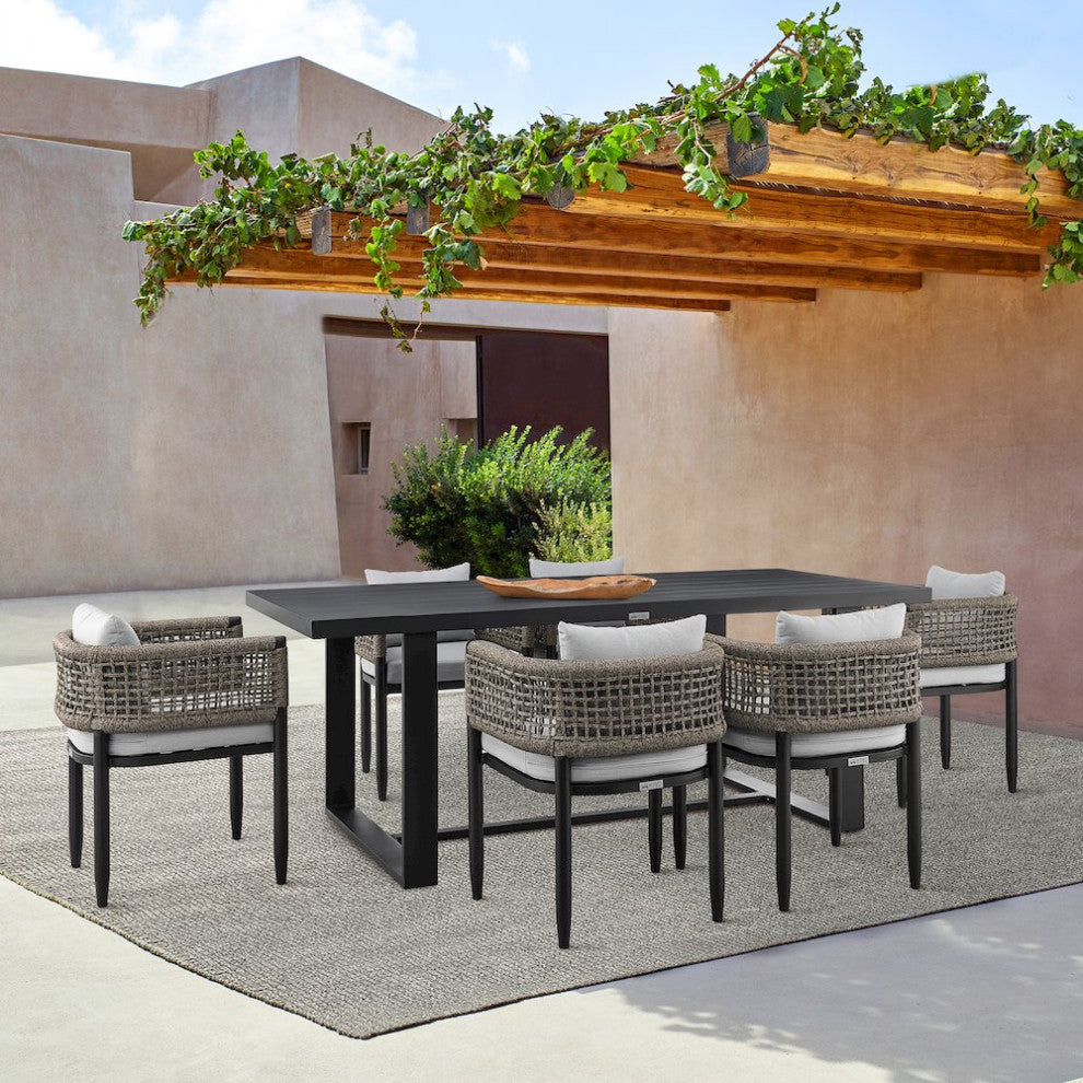 Outdoor Patio 7-Piece Dining Table Set in Aluminum with Gray Rope and Cushions