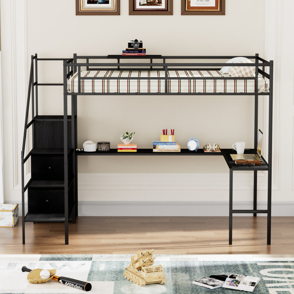 Gewnee Full Size Metal Loft Bed with L-shaped Desk
