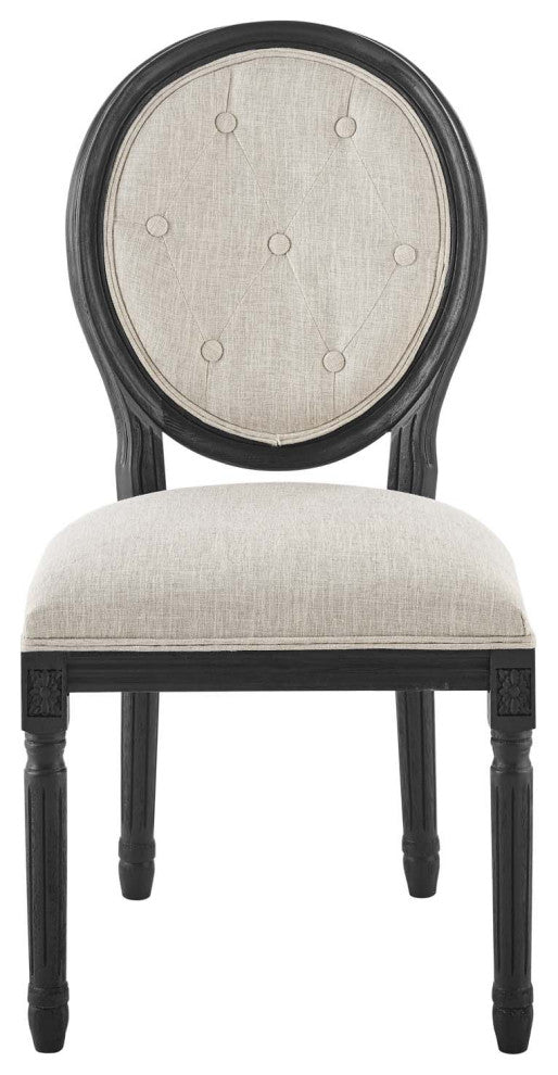 French Vintage Side Dining Chair, Fabric, Wood, Black Beige, Modern, Cafe Bistro