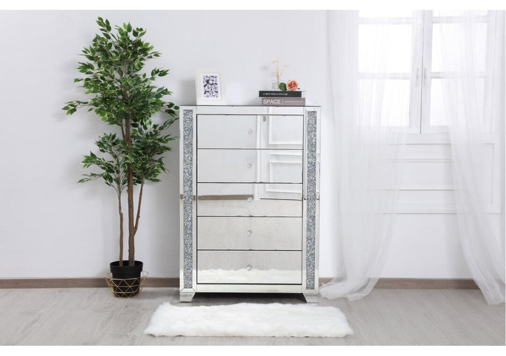34" Silver Crystal Mirrored Five Drawer Cabinet