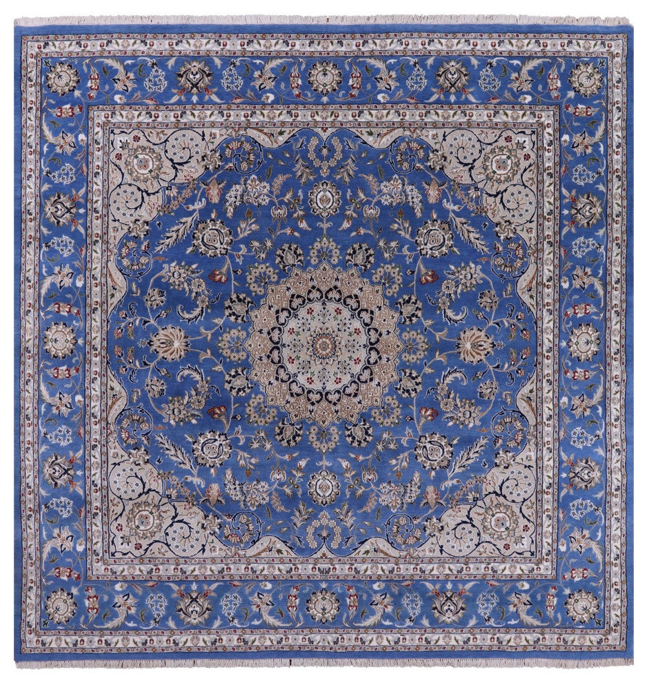 9' Square Persian Nain Handmade Wool and Silk Rug Q6139