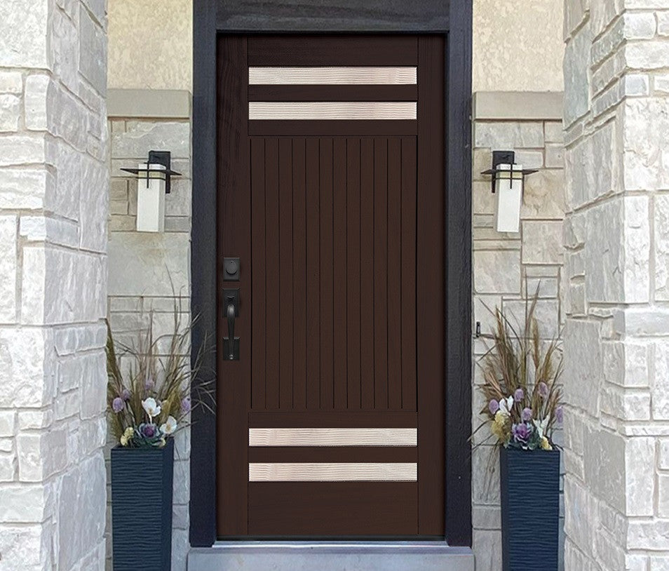 Prehung Unf Mahg Wood 4-Lite Reed Glass Front Door RH-6 9/16"