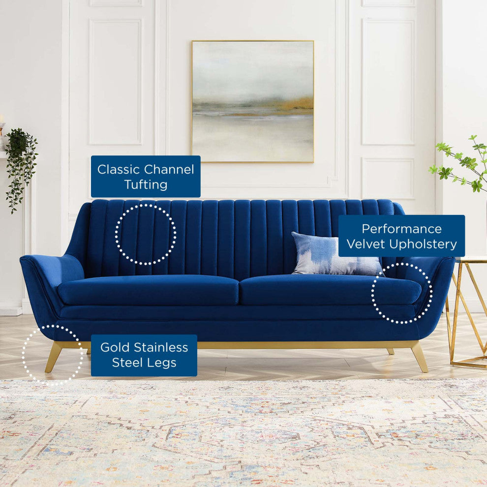 Tufted Sofa, Velvet, Blue Navy, Modern, Living Lounge Hotel Lobby Hospitality