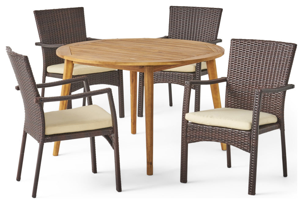 GDF Studio 5-Piece Hoff Outdoor Wood and Wicker Dining Set, Teak/Brown/Creme