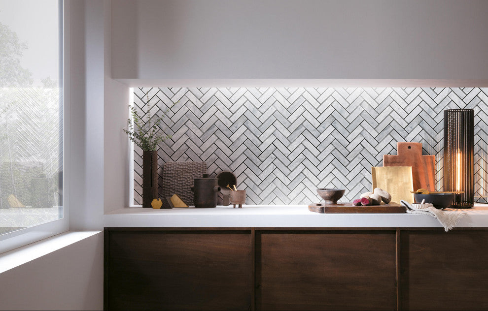 Carrara White 11.2"Ã—12.6" Herringbone Polished Marble Mosaic Tile, 1 Box
