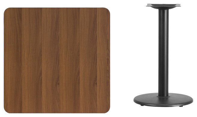30" Square Walnut Laminate Table Top With 18" Round Table Height Base