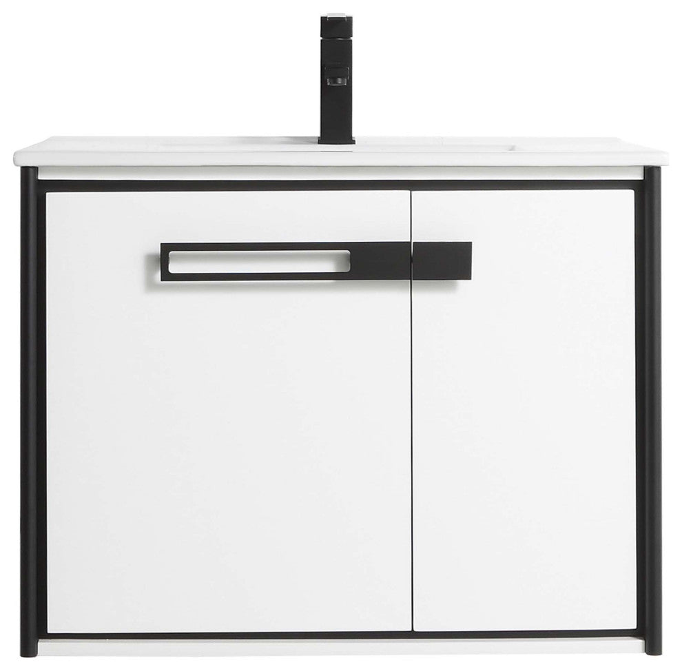 Oakville Wall Mount Bathroom Vanity, White Matte, 30", Black Hardware