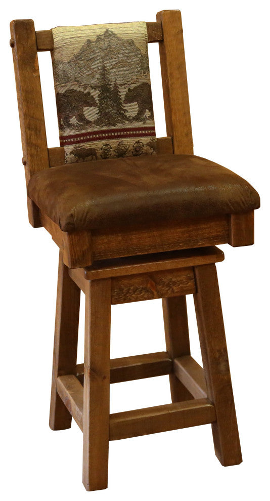 Barnwood Style Timber Peg Swivel Upholstered Barstool, Early American, Bear Run and Palomino Tobacco, Bar Height