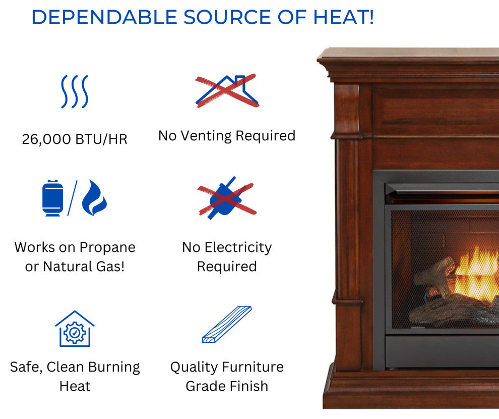 Duluth Forge Dual Fuel Ventless Gas Fireplace, 26,000 BTU, Remote, Auburn Cherry