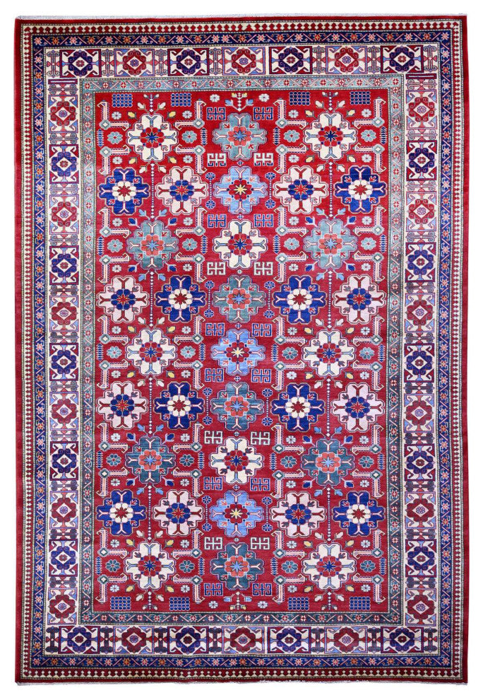Red Caucasian Design Wool Afghan Super Kazak Hand Knotted Oriental Rug 6'4"x9'4"