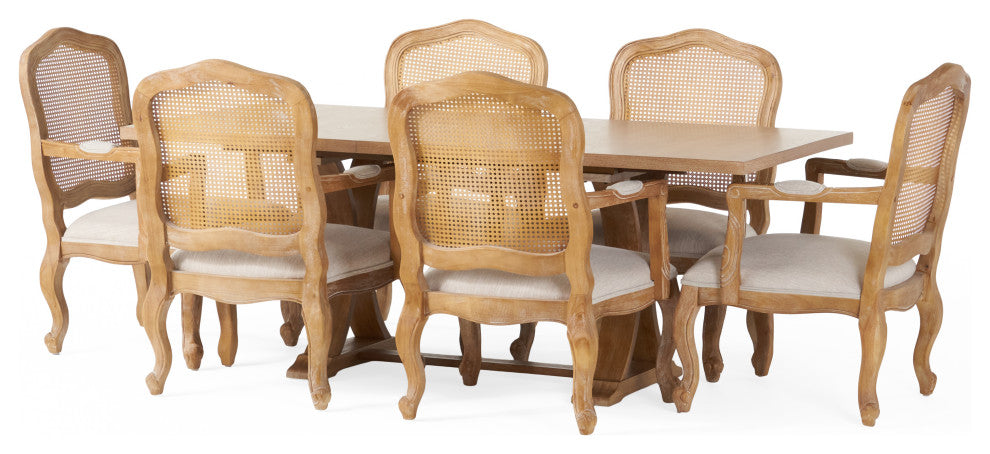Biorn French Country Wood and Cane 7-Piece Expandable Dining Set, Beige/Natural