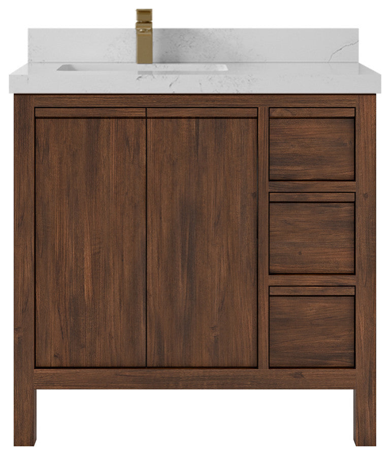 Elizabeth 36 Left Offset Bath Vanity in Dark Walnut Teak 2" Carrara Quartz