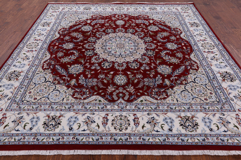 8' Square Persian Nain Handmade Wool and Silk Rug Q4466