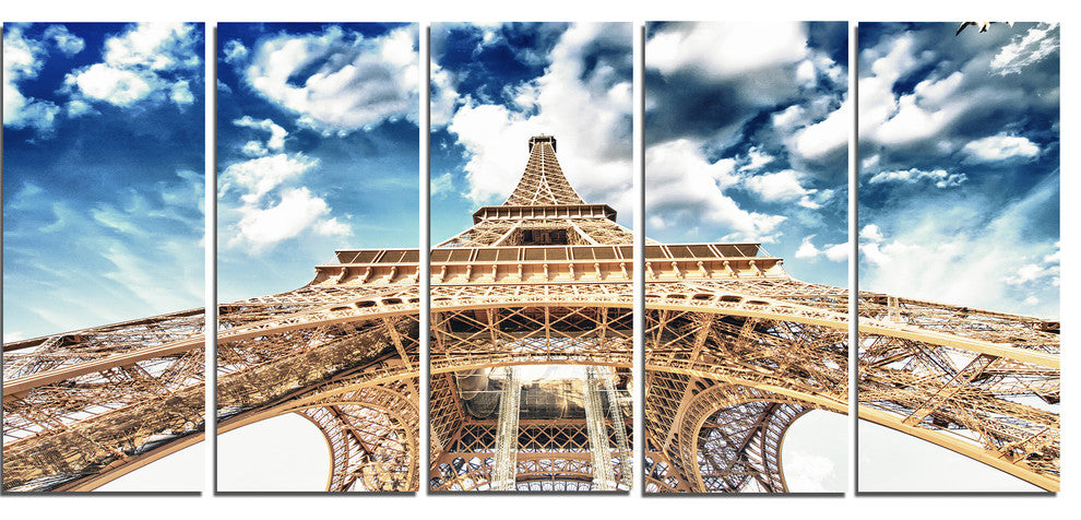 "Beautiful View of Paris Eiffel Tower Under Clouds" Wall Art, 60"x28", 5-Panels