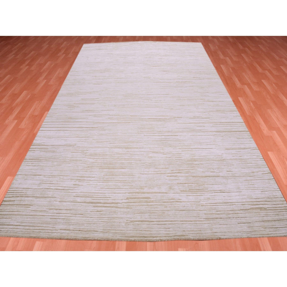 Ivory, Gabbeh Design, Silk with Textured Wool Hand Knotted Rug, 9'1" x 12'0"