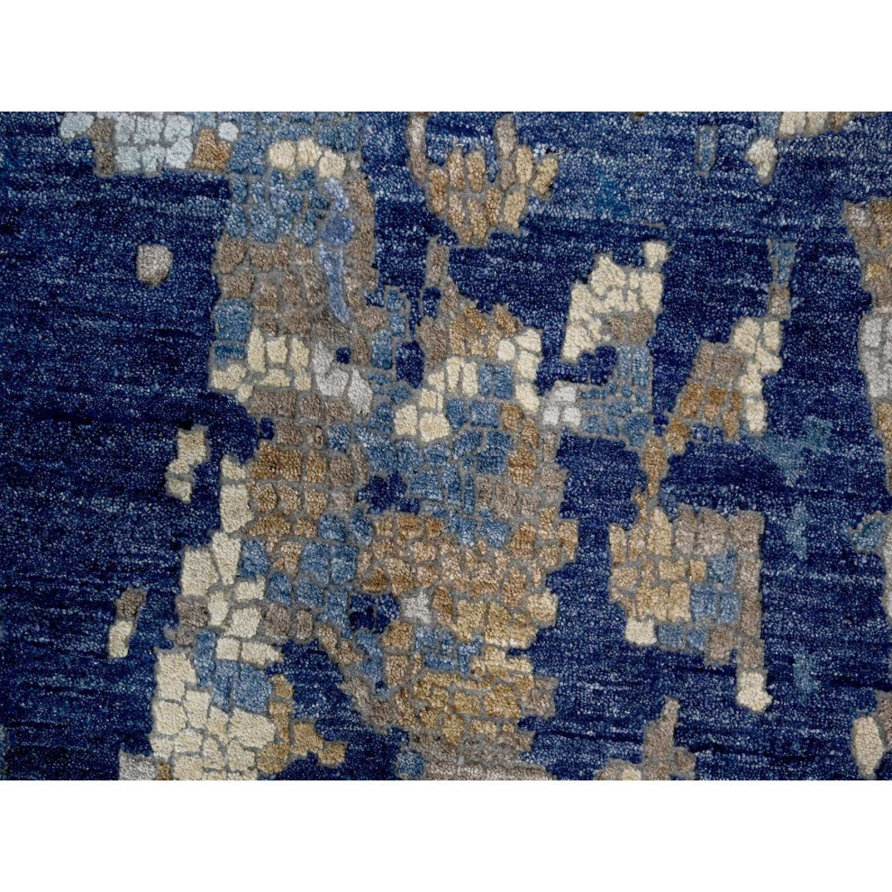 Blue, Mosaic Design, Wool and Silk, Hand Knotted, Oversized Rug, 13'9"x17'9"