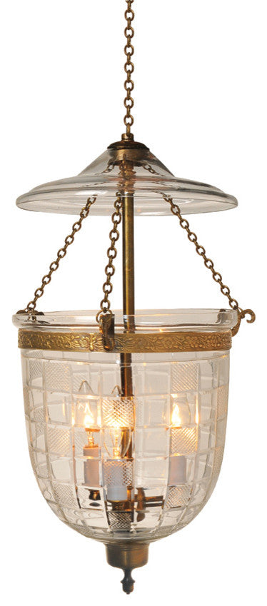 Squarecut Etching Hundi Glass Bell Jar Lantern 9"D, Nickel Silver