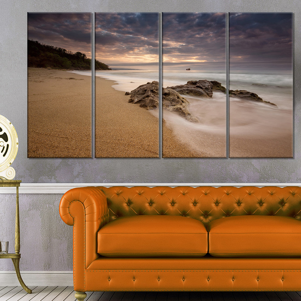 "Peaceful Seashore With White Waves" Beach Canvas Wall Art, 4 Panels, 48"x28"