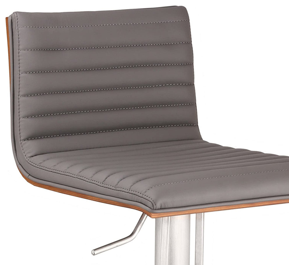 Elegant Bar Stool, Brushed Stainless Steel Base and Tufted PU Leather Seat, Grey