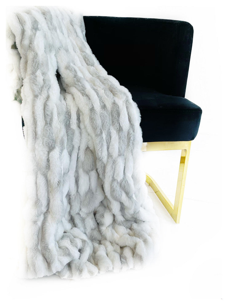 White Silver Snow Chinchilla Faux Fur Luxury Throw Blanket, 108Lx90W Full, Queen