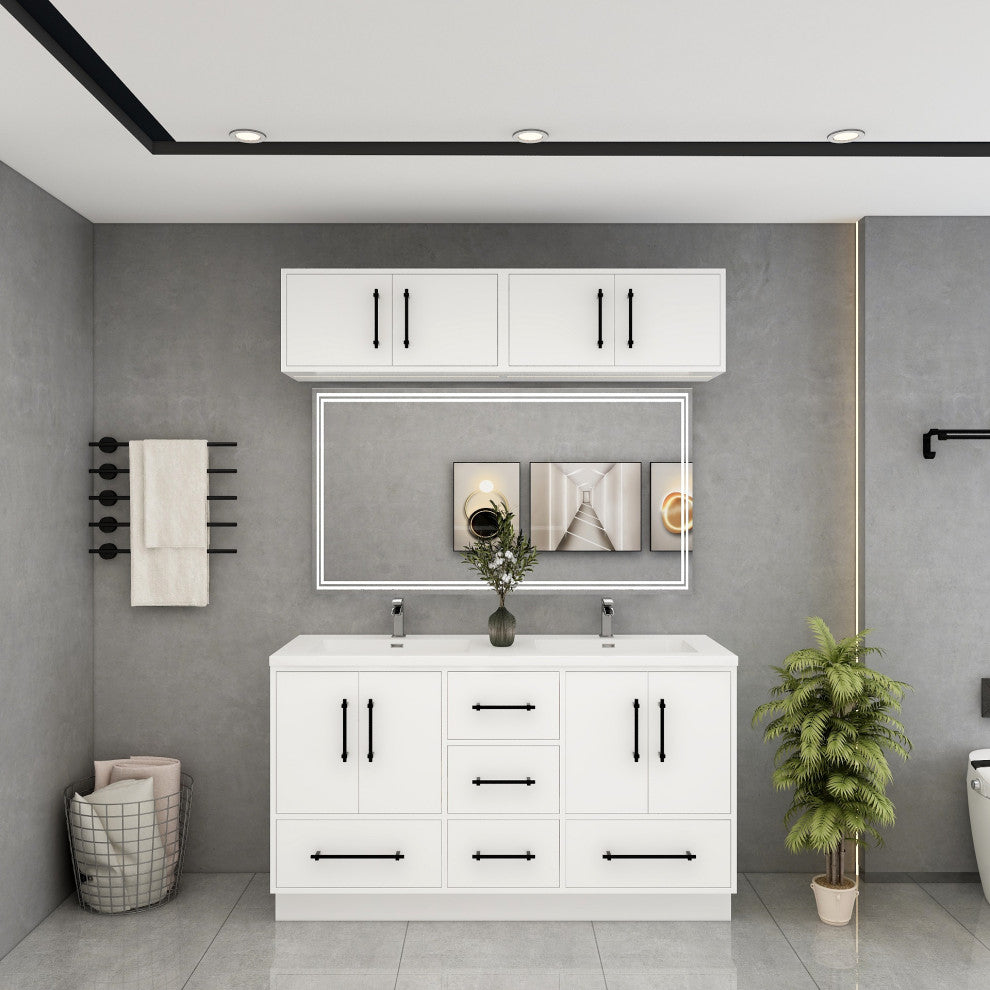 Victoria 60" Solid Wood Vanity Double Sink, Overhead Cabinet, Glossy White