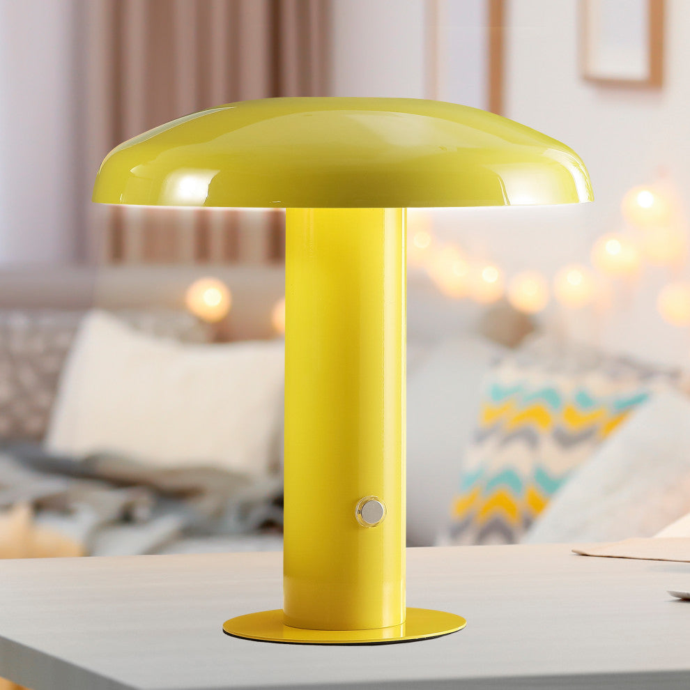 Suillius 11" Rechargeable/Cordless Iron Integrated Mushroom Table Lamp, Yellow