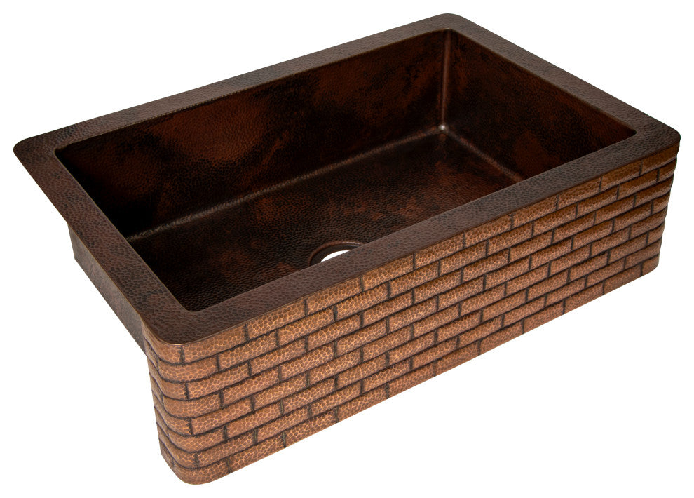 33" Farmhouse One Bowl Bricks Apron Hammered Copper Kitchen Sink, 16 Gauge