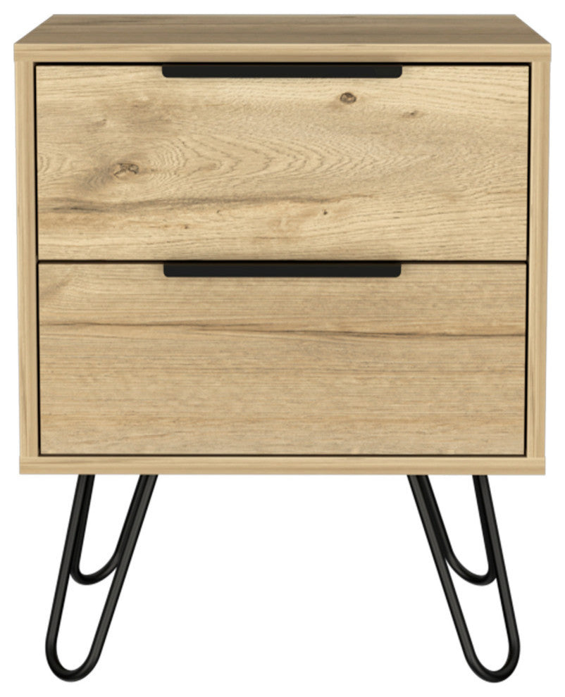 Nuvo 22-inch Tall Nightstand, 2 Drawers, and Hairpin Legs, Light Oak
