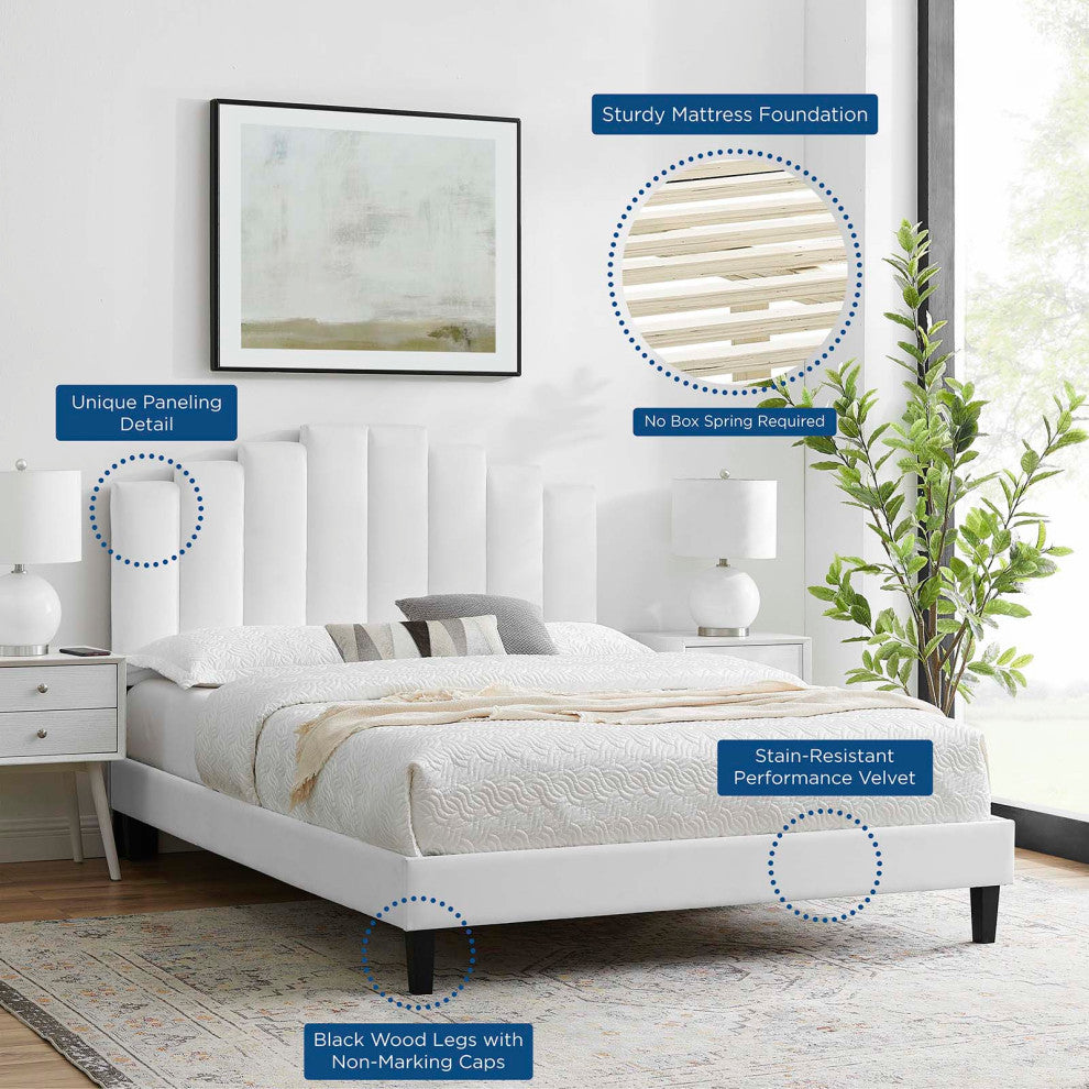 Platform Bed Frame, Queen Size, Velvet, White, Modern Contemporary, Bedroom