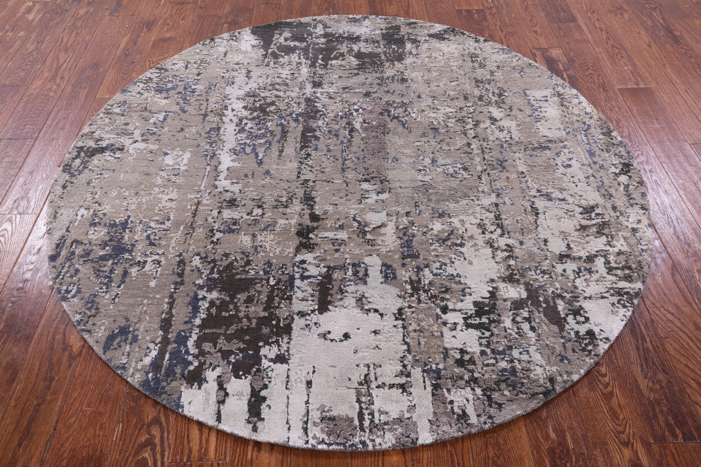 6' Round Wool & Silk Abstract Hand-Knotted Rug - Q14870