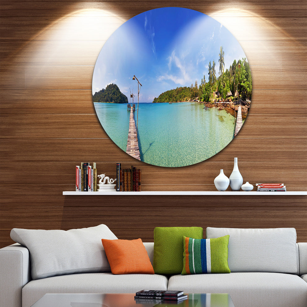 Piers And Palm Trees On Island, Landscape Photo Disc Metal Artwork, 23"