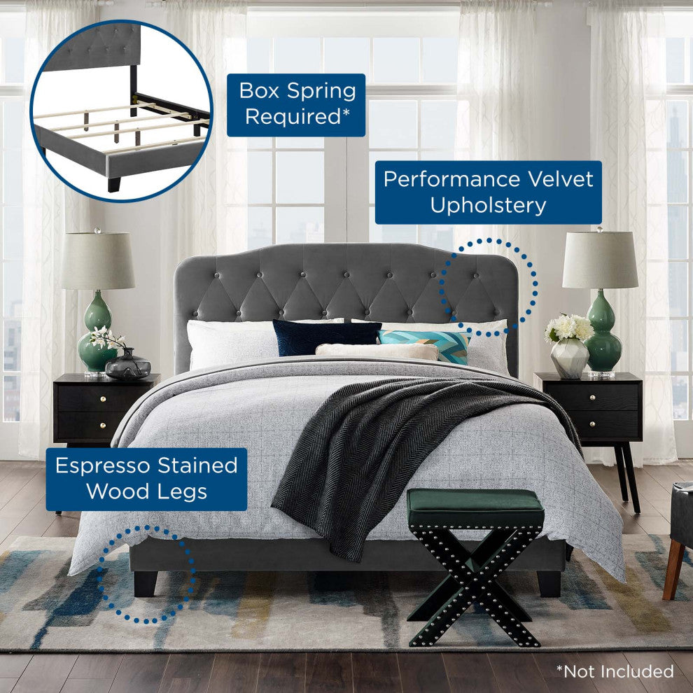 Amelia Queen Upholstered Velvet Bed, Gray