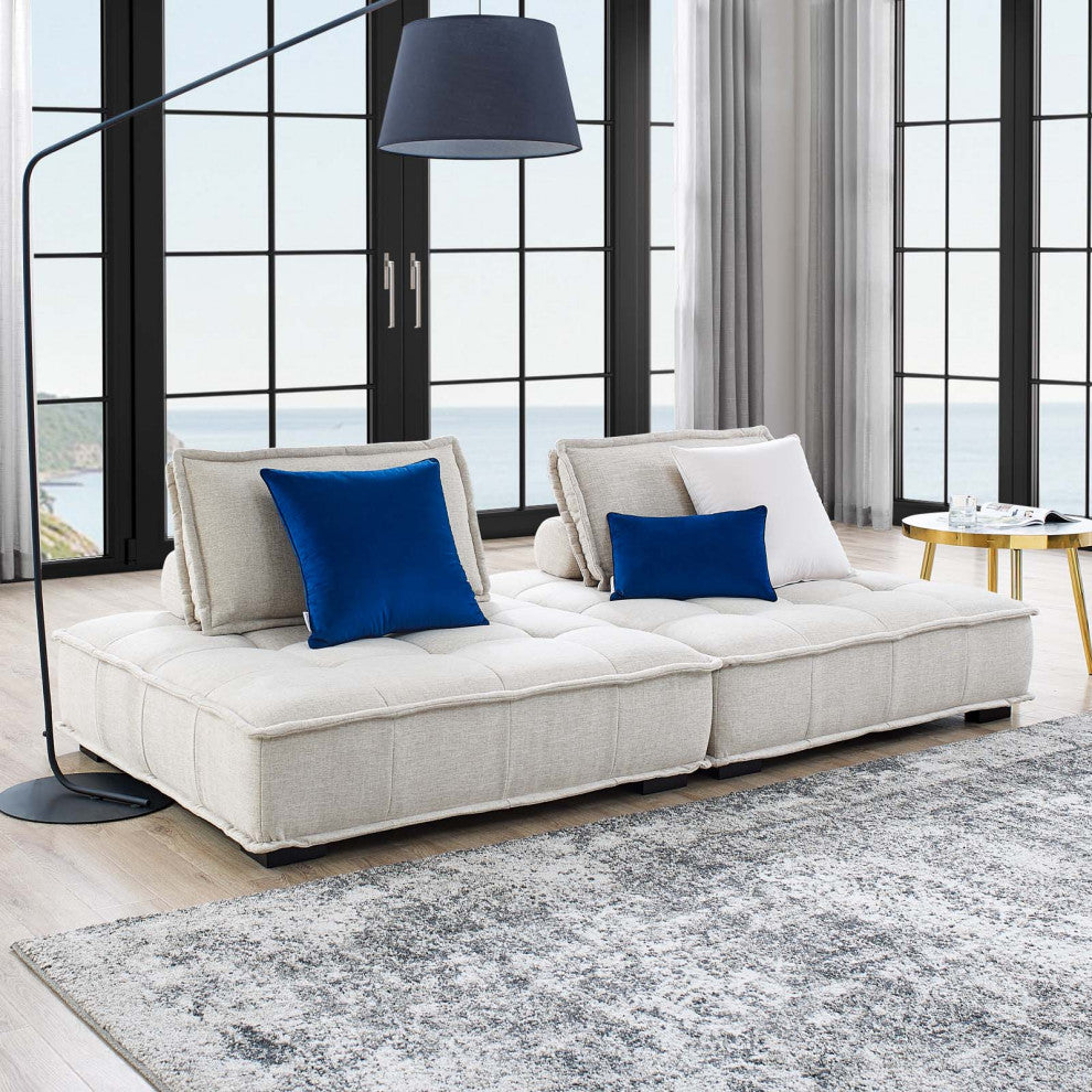Tufted Loveseat Sofa Set, Fabric, Beige, Modern, Living Lounge Hotel Hospitality
