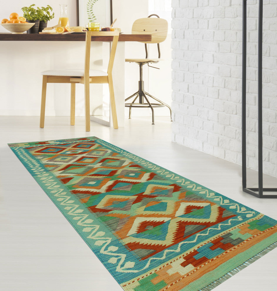 Sangat Kilim Fenhas Light Blue/Orange Runner, 2'6x7'10