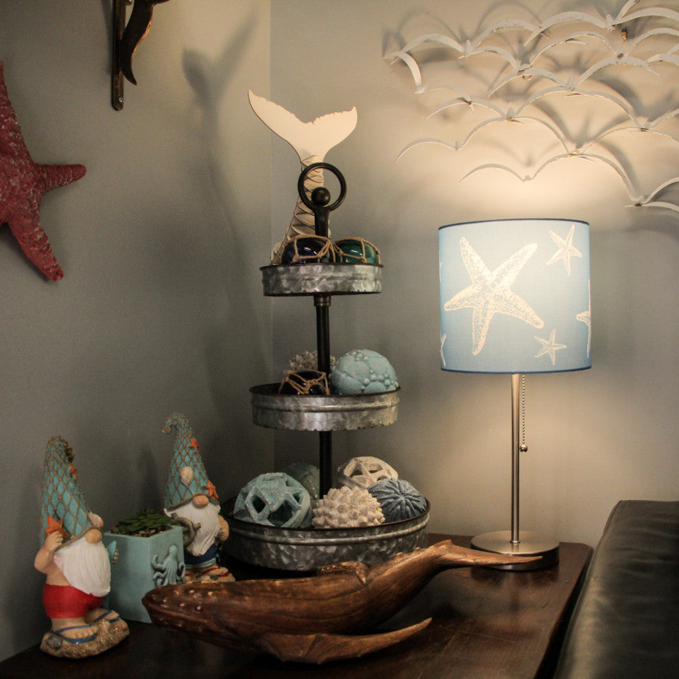 Brushed Nickel Finish Table Lamp With Coastal Blue Starfish Shade