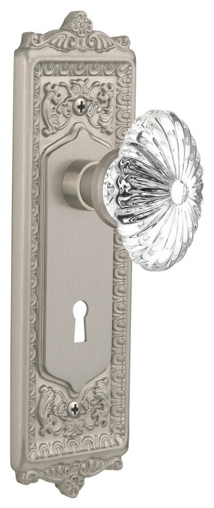 Egg and Dart Plate Passage Oval Fluted Crystal Glass Knob, Satin Nickel