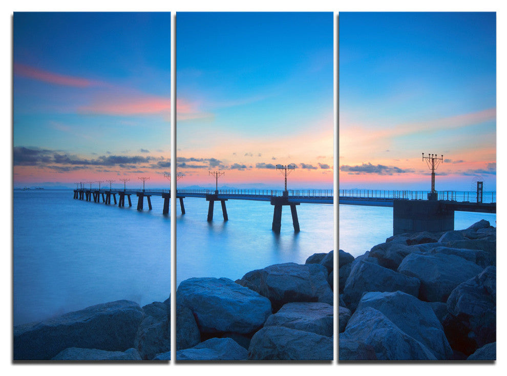 "Bluish Rocky Seashore With Pier" Sea Bridge Metal Wall Art, 3 Panels, 36"x28"