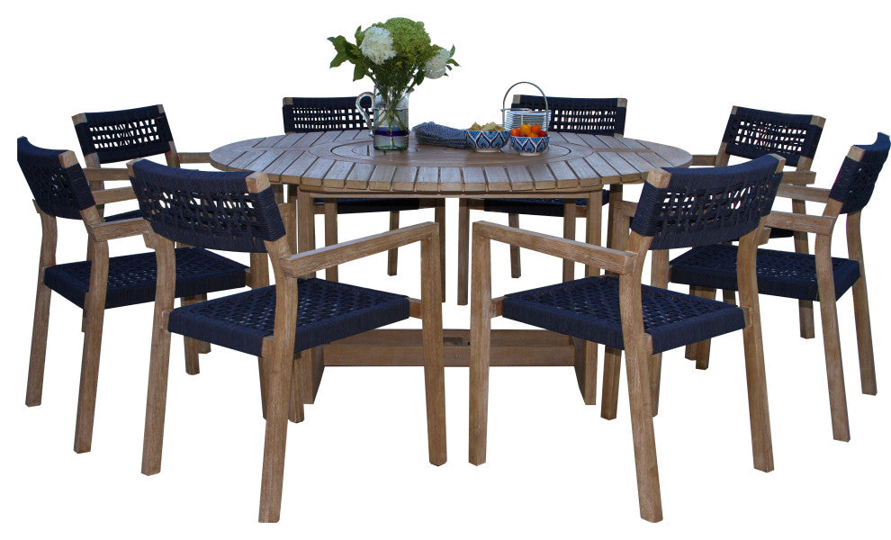 8 Person Antique Wash Lazy Susan Table With Blue Rope Chairs