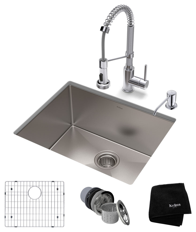 23" Undermount Stainless Steel Kitchen Sink, Pull-Down Faucet CH, Dispenser