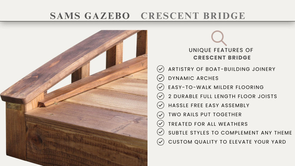 SamsGazebos Japanese Crescent Wood Garden Bridge 8 ft
