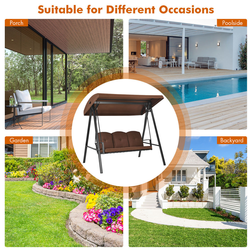 Costway Outdoor 3-Seat Porch Swing with Adjust Canopy and Cushions Brown