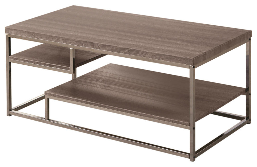Contemporary Style Wooden Metallic Coffee Table With Two Shelves, Gray