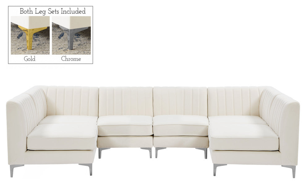 Alina Velvet Modular U-Shaped Sectional, Cream, 6-Piece: 4 Armless Chair, 2 Corner Chair