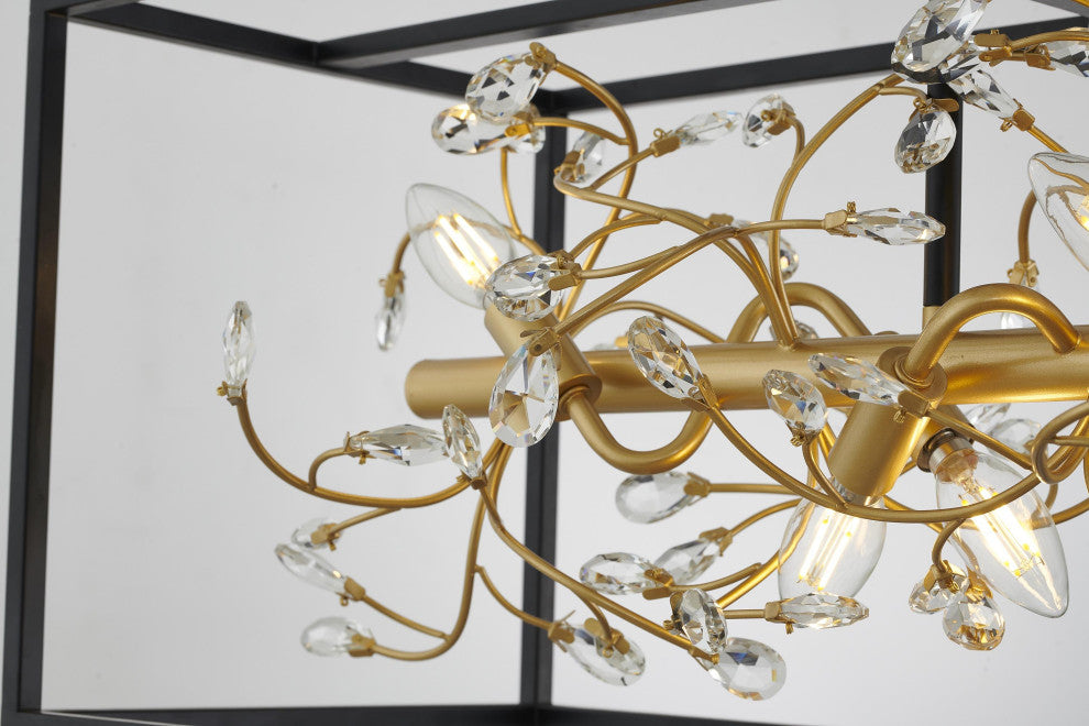8-Light Black Chandelier With Gold Branch And Clear Crystal Accents