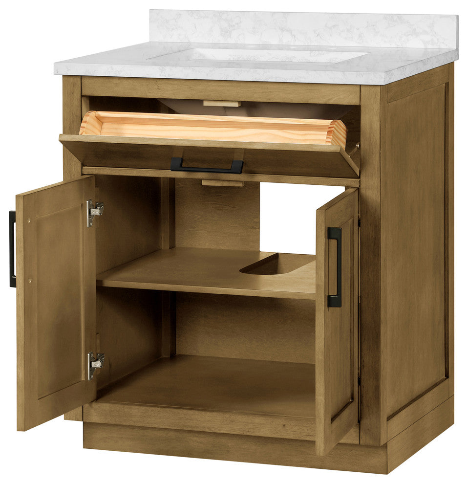 OVE Decors Athea 30" Vanity, Brushed Nickel, Extra Black Hardware, Almond Latte