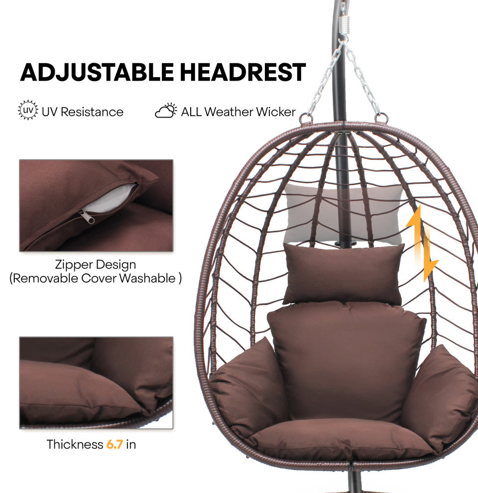 Hanging Egg Chairwith Stand Outdoor Indoor Use Adjustable Height 350lbs Capacity, Brown
